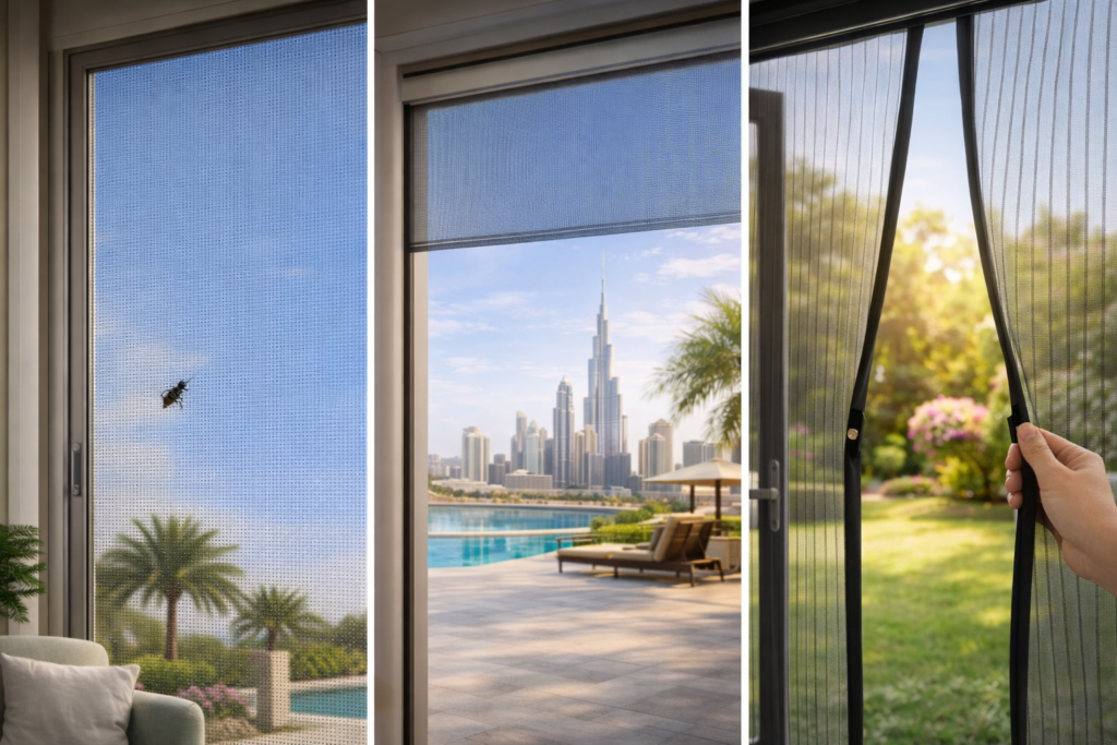 Different types of insect screens for doors and windows in the UAE including fixed, retractable, and magnetic screens