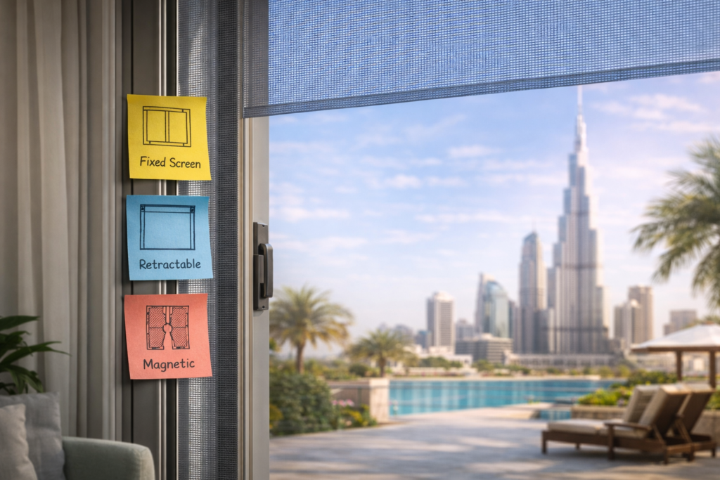 Types of insect screens for sliding doors and windows in the UAE including fixed, retractable, and magnetic options