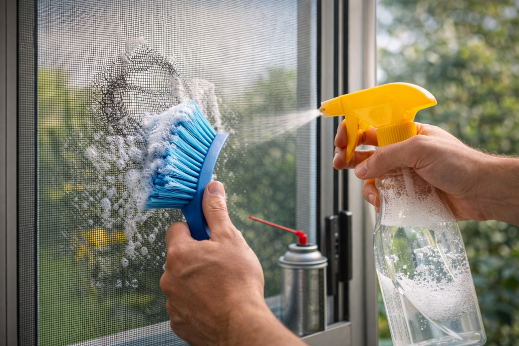 Cleaning and maintaining an insect screen with a soft brush and mild soap in the UAE