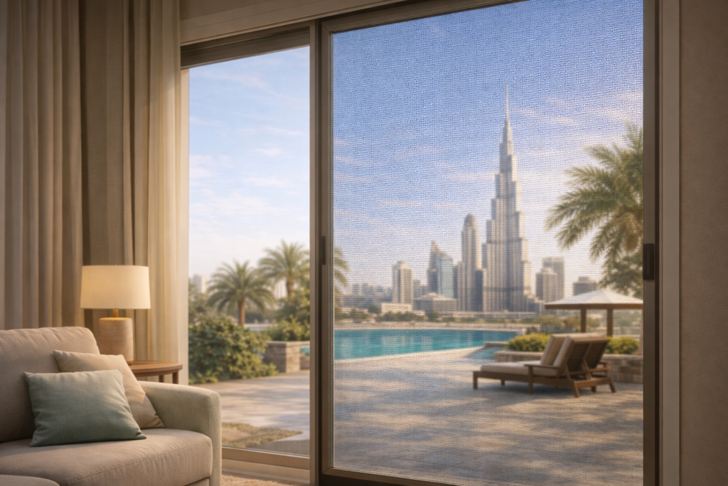 Home in the UAE with a sliding door insect screen providing comfort and safety with a Dubai skyline view