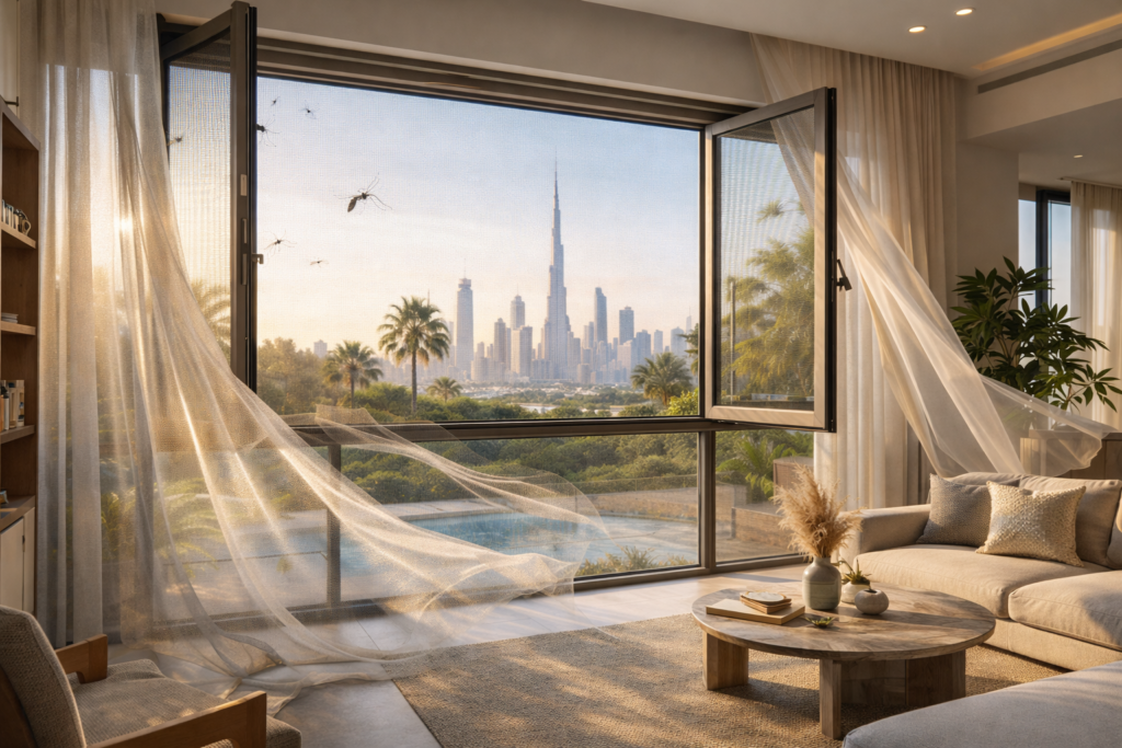 Window insect screen in UAE home preventing mosquitoes while allowing fresh air circulation